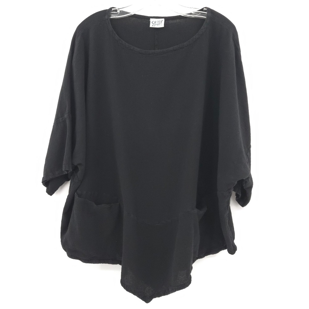 Oh My Gauze Kitty Cotton Tunic Women Size O/S Black Pockets Sharkbite Hem Top